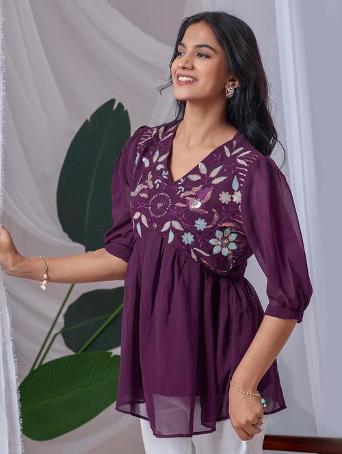 women embroidered puff sleeve a line top - 22143340 - Very Small Image - 1