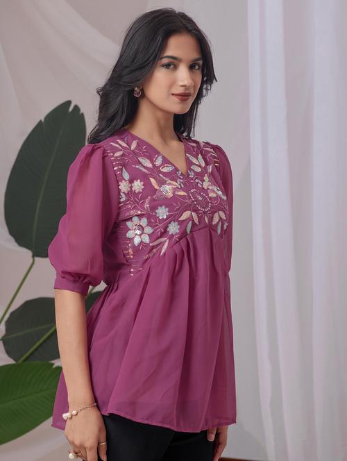 women embroidered puff sleeve a line top - 22143342 - Very Small Image - 1