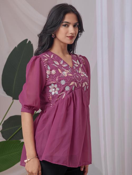 women embroidered puff sleeve a line top - 22143346 - Very Small Image - 1
