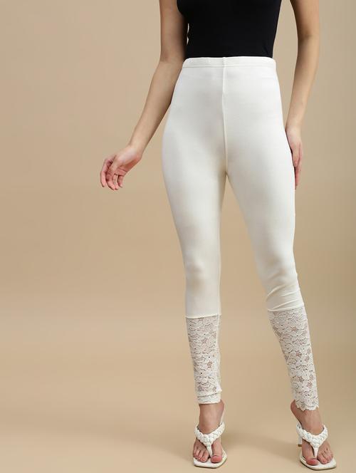 women solid mid rise lace hem legging - 22146955 - Very Small Image - 1