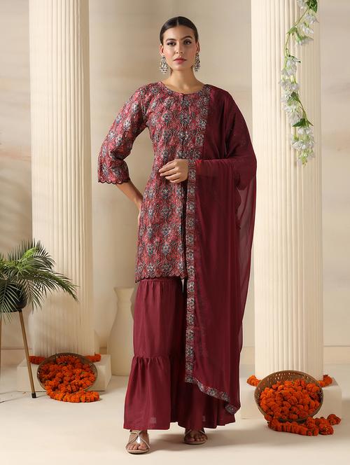 women embroidered three quarter sleeve kurta sharara with dupatta set - 22161062 - Very Small Image - 1