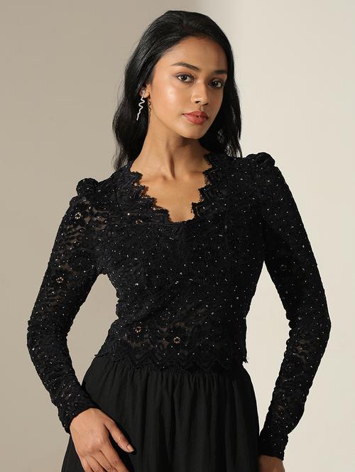 women self designed puff sleeve lace crop top - 22173726 - Very Small Image - 1