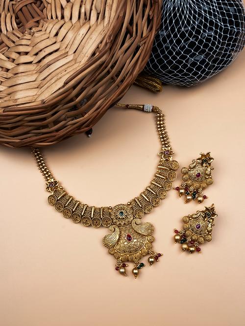 gold plated rajwadi mayuraksh necklace set - 22173838 - Very Small Image - 1