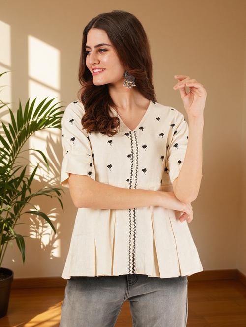 women solid with work puff sleeve a-line top - 22182775 - Very Small Image - 1
