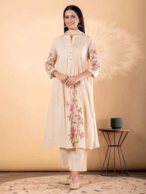 women solid with work three quarter sleeve kurta pant with dupatta set - 22187409 - Very Small Image - 1