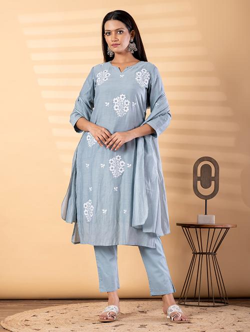 women solid with work three quarter sleeve kurta pant with dupatta set - 22187489 - Very Small Image - 1