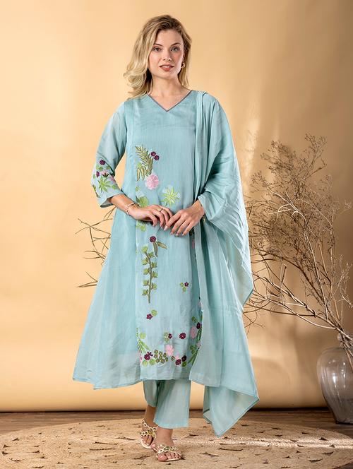 Women Solid With Work Three Quarter Sleeve Kurta Pant With Dupatta Set - 22187515 - Very Small Image - 1