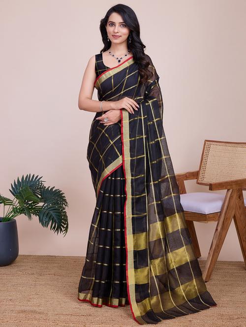women checkered bordered saree with blouse - 22187792 - Very Small Image - 1