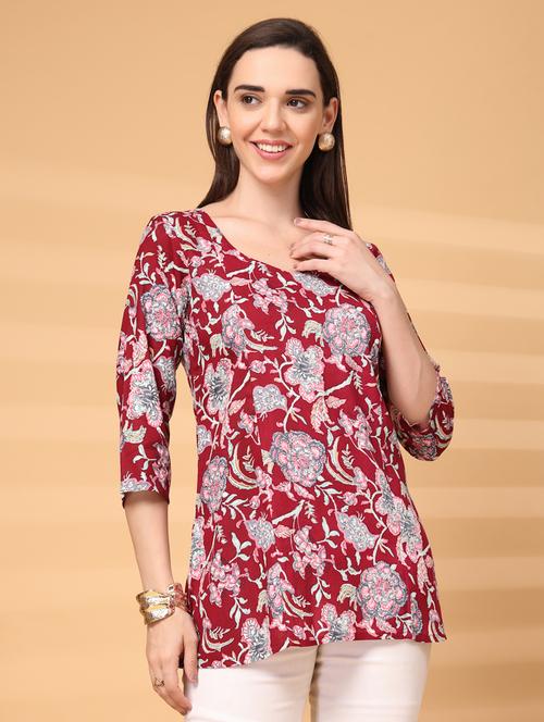 Women Floral Three Quarter Sleeve A-line Kurti - 22217643 - Very Small Image - 1