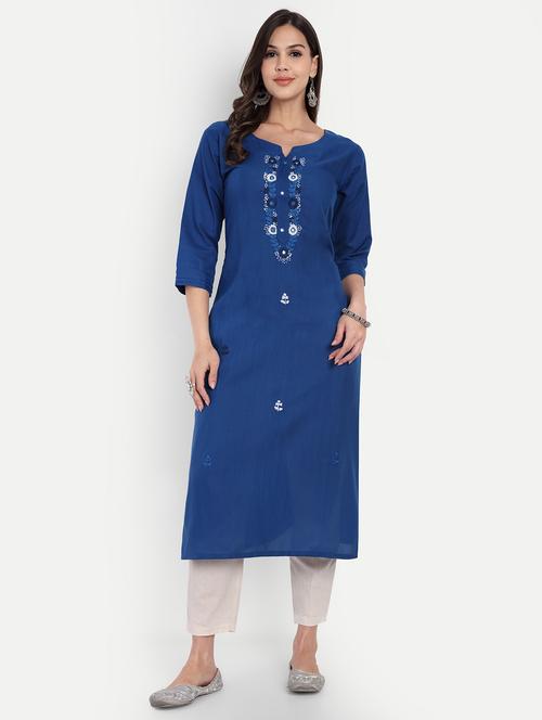 women solid with work three quarter sleeve straight kurta - 22219197 - Very Small Image - 1