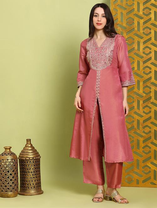 globus women pink mirror work embroidered v-neck bell sleeves front slit a-line kurta with wide leg pants festive set - 22219217 - Very Small Image - 1