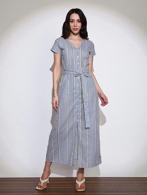 globus women blue striped v-neck extended sleeves front slit belted a-line midi shirt style dress - 22219231 - Very Small Image - 1