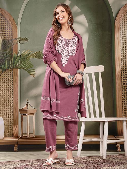 women embroidered woolen kurta and pant set with dupatta - 22219902 - Very Small Image - 1