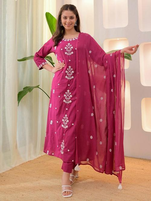women solid with work three quarter sleeve kurta pant with dupatta set - 22220187 - Very Small Image - 1