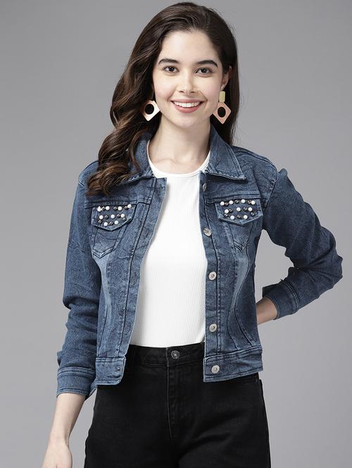 women solid with work long sleeve denim jacket - 22224903 - Very Small Image - 1