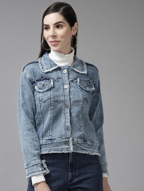 women solid with work long sleeve denim jacket - 22224907 - Very Small Image - 1