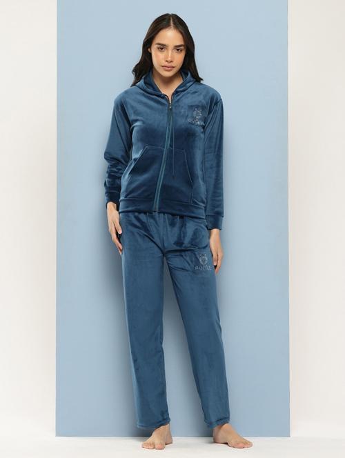 women solid long sleeve hooded velvet co-ord set - 22224954 - Very Small Image - 1