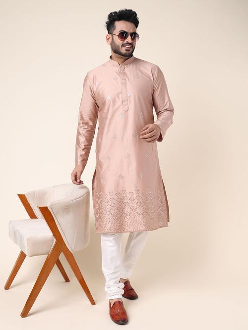 Men Solid With Work Long Sleeve Kurta Churidar Ethnic Wear Set - 22228008 - Very Small Image - 1
