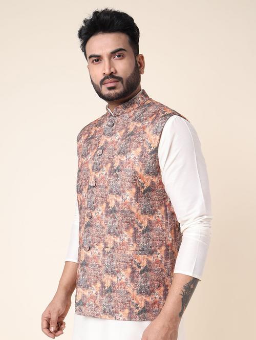 men printed mandarin neck regular fit nehru jacket - 22228101 - Very Small Image - 1
