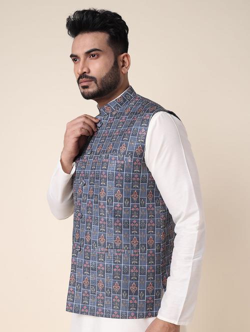 men printed mandarin neck regular fit nehru jacket - 22228105 - Very Small Image - 1