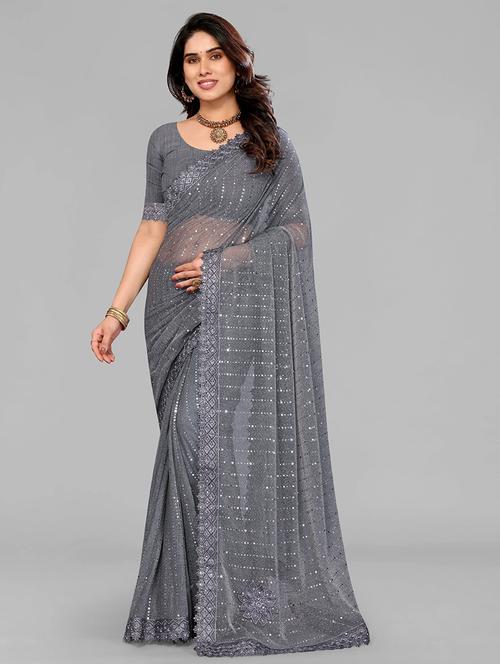 women solid with work embellished saree with blouse - 22228524 - Very Small Image - 1