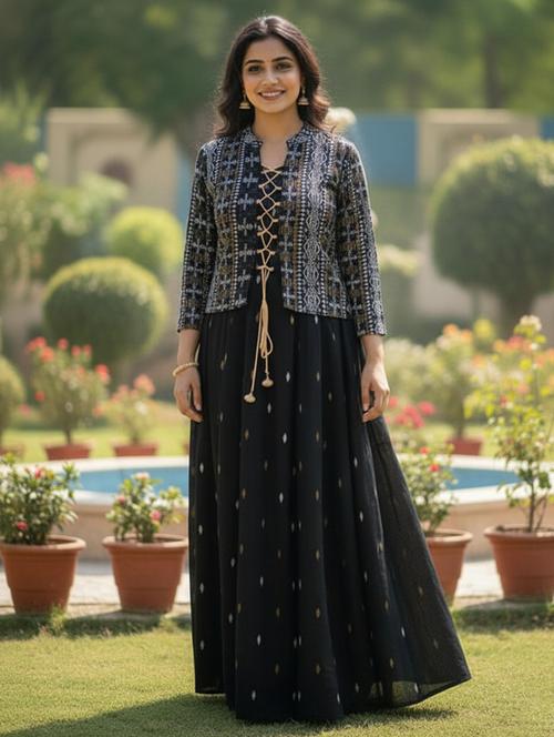 women printed three quarter sleeve flared ethnic dress - 22237873 - Very Small Image - 1
