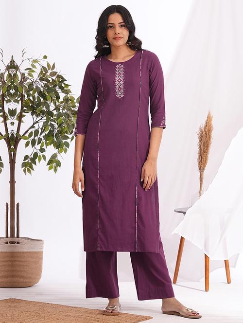 women solid with work three quarter sleeve straight kurta - 22240417 - Very Small Image - 1