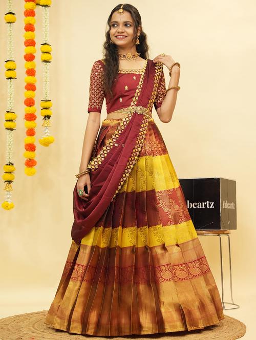 women self design south indian style unstitched lehenga choli - 22240816 - Very Small Image - 1