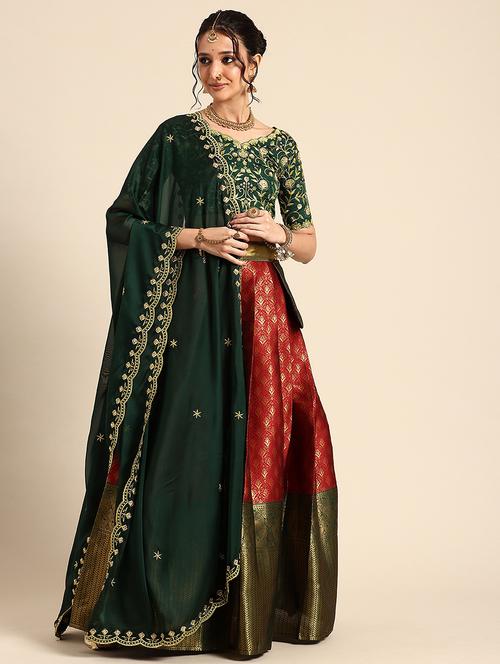 women self design south indian style unstitched lehenga choli - 22240883 - Very Small Image - 1