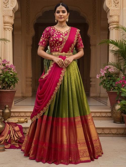 Women Self Design South Indian Style Unstitched Lehenga Choli - 22240933 - Very Small Image - 1