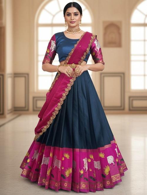 Women Self Design South Indian Style Unstitched Lehenga Choli - 22240941 - Very Small Image - 1