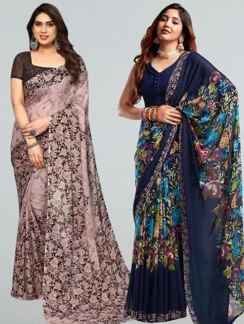 women pack of 2 printed combo saree with blouse - 22243580 - Very Small Image - 1