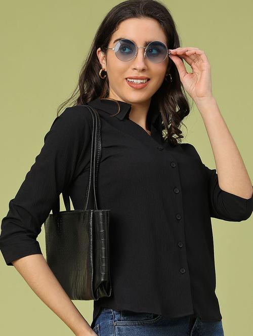 women solid collared three quarter sleeve shirt - 22250586 - Very Small Image - 1