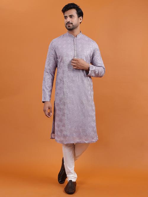men solid with work mandarin neck long kurta - 22251979 - Very Small Image - 1