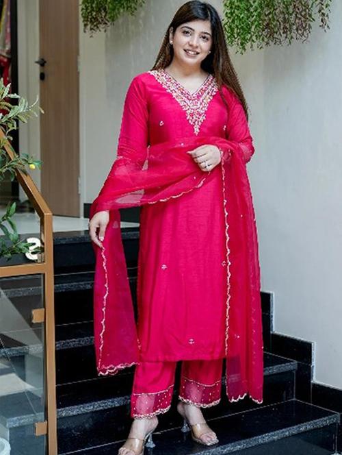 women solid with work three quarter sleeve kurta pant with dupatta set - 22253593 - Very Small Image - 1