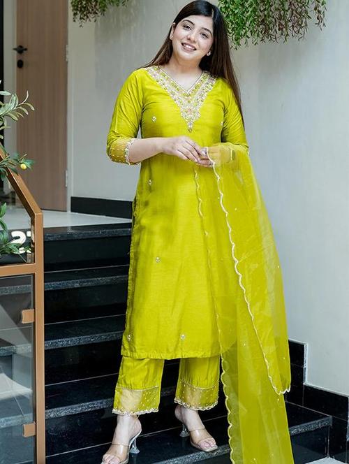 women solid with work three quarter sleeve kurta pant with dupatta set - 22253594 - Very Small Image - 1