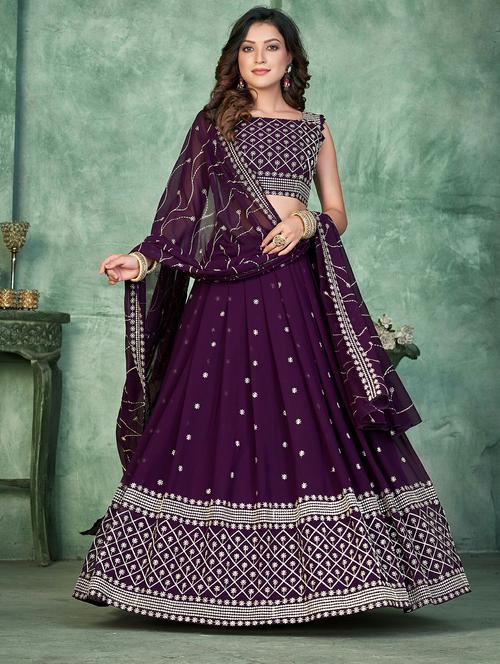 Women Solid With Work Semi Stitched Flared Lehenga - 22260692 - Very Small Image - 1