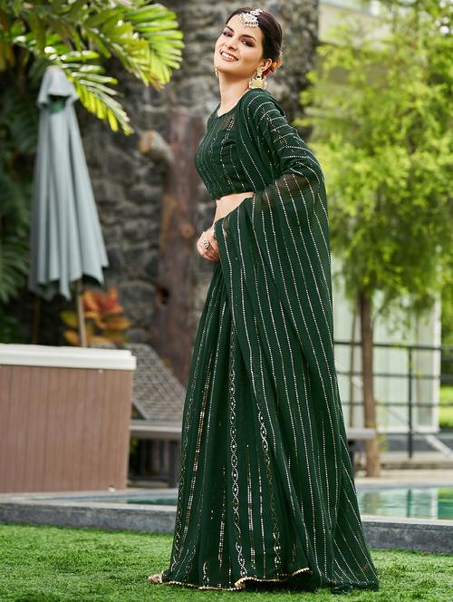 Women Solid With Work Semi Stitched Flared Lehenga - 22260708 - Very Small Image - 1