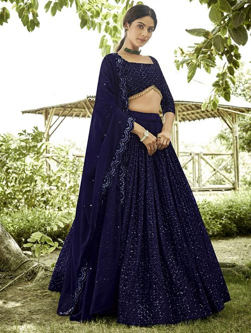 Women Solid With Work Semi Stitched Flared Lehenga - 22260728 - Very Small Image - 1