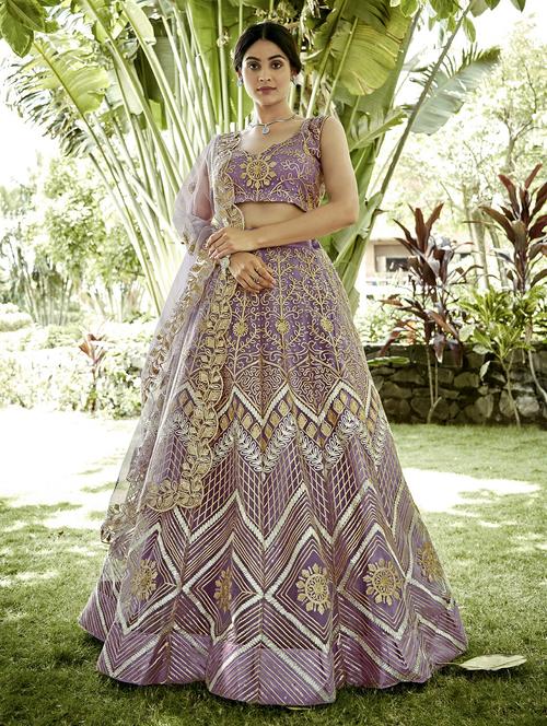 women solid with work semi stitched flared lehenga - 22263472 - Very Small Image - 1