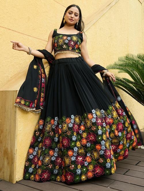 women solid with work semi stitched flared lehenga - 22263479 - Very Small Image - 1