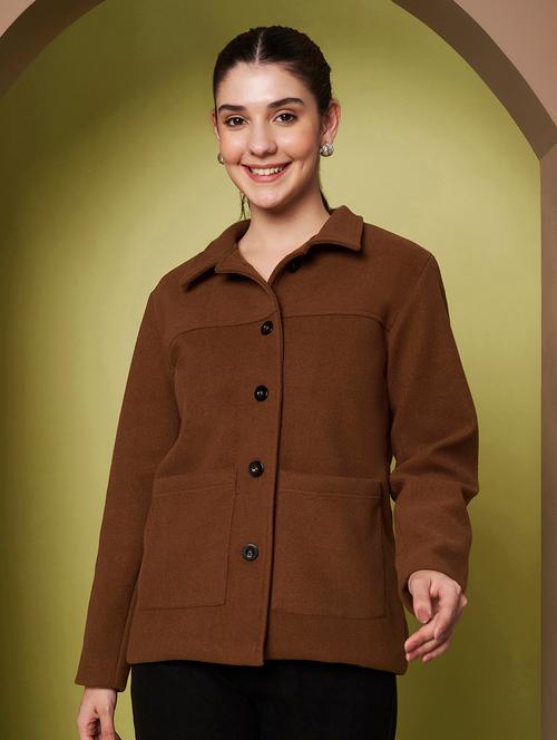 Women Solid Collared Long Sleeve Regular Coat - 22265145 - Very Small Image - 1