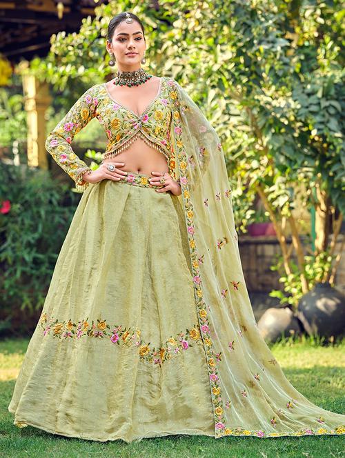 Women Solid With Work Semi Stitched Flared Lehenga - 22274250 - Very Small Image - 1