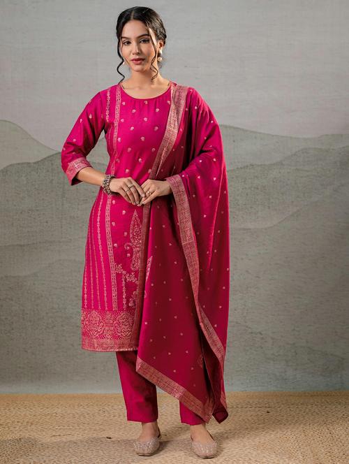 Women Self Design Three Quarter Sleeve Kurta Pant With Dupatta Set - 22279291 - Very Small Image - 1