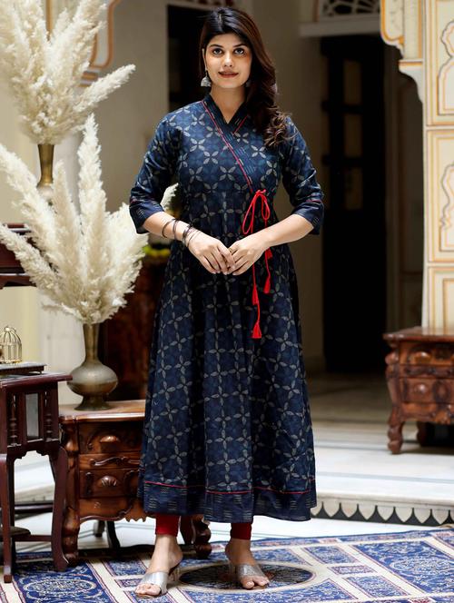 women printed three quarter sleeve angrakha kurta - 22285509 - Very Small Image - 1