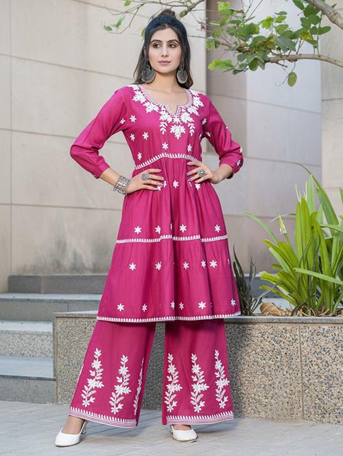 women solid with work three quarter sleeve kurta palazzo set - 22286503 - Very Small Image - 1