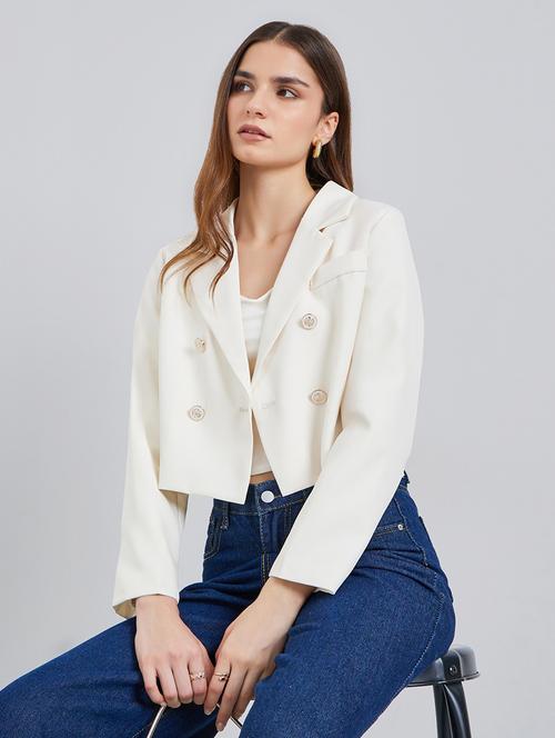 women solid lapel neck long sleeve crop blazer - 22287984 - Very Small Image - 1