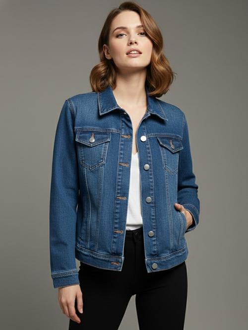 women solid collared long sleeve denim jacket - 22289316 - Very Small Image - 1