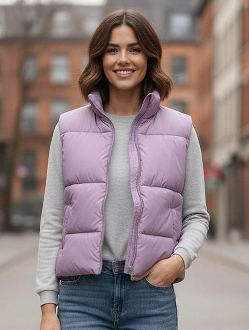 women solid stand collar sleeveless quilted jacket - 22292664 - Very Small Image - 1