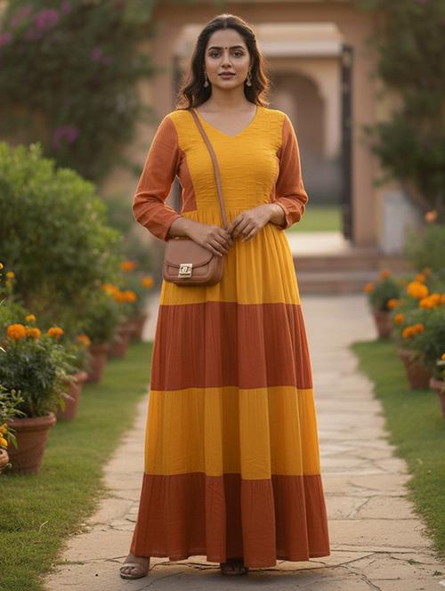 women color block three quarter sleeve tiered maxi dress - 22300343 - Very Small Image - 1